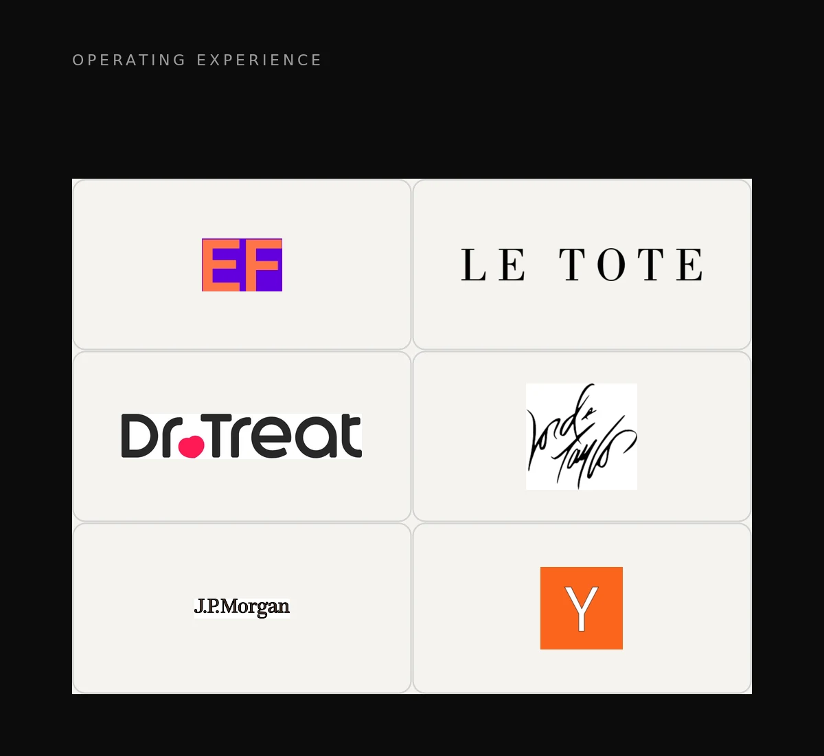 Entrepreneur First, Le Tote, Dr. Treat, Lord & Taylor, J.P. Morgan and Y Combinator logos